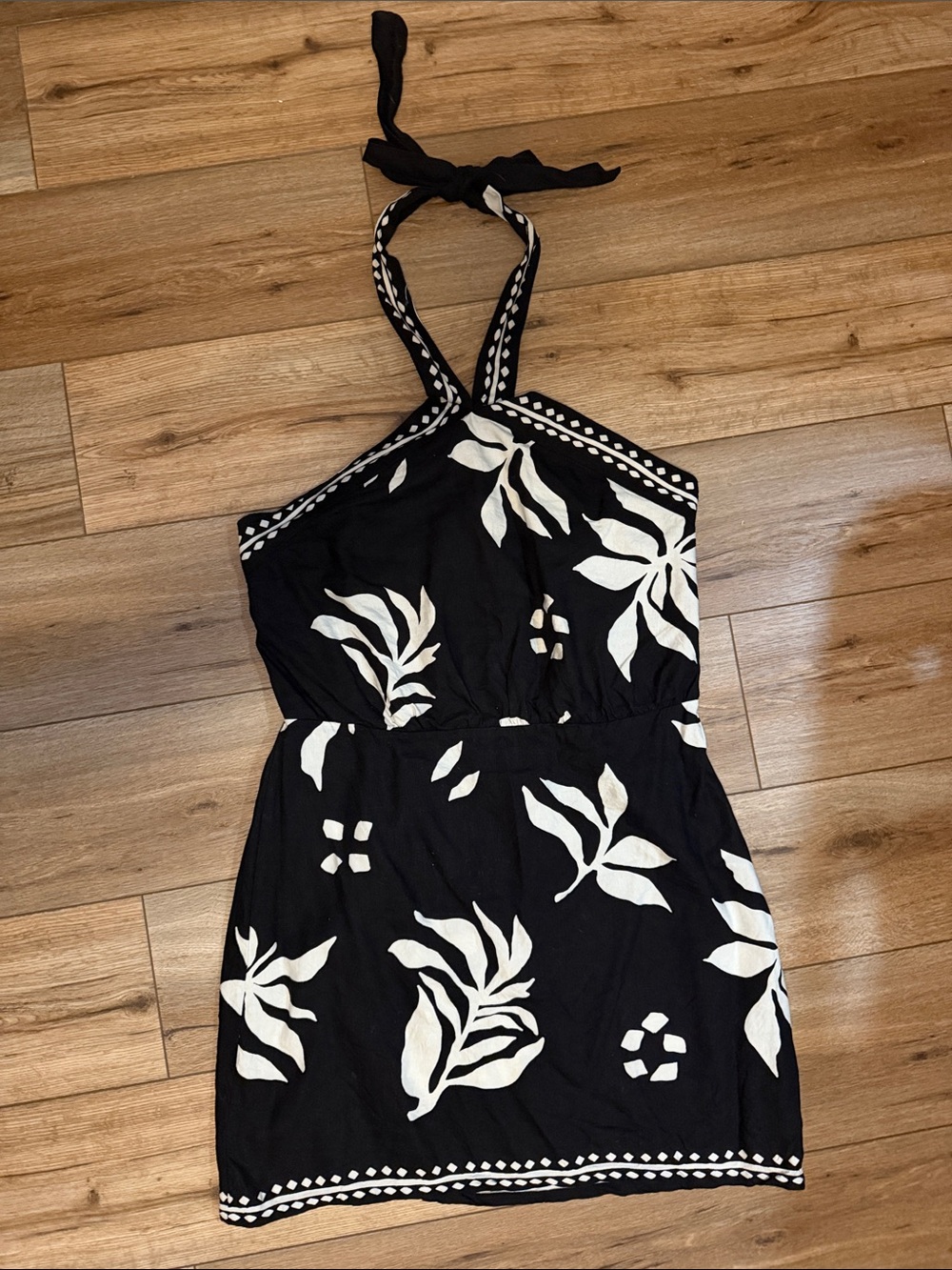 LOFT Black Halter Mini Dress with White Floral Print